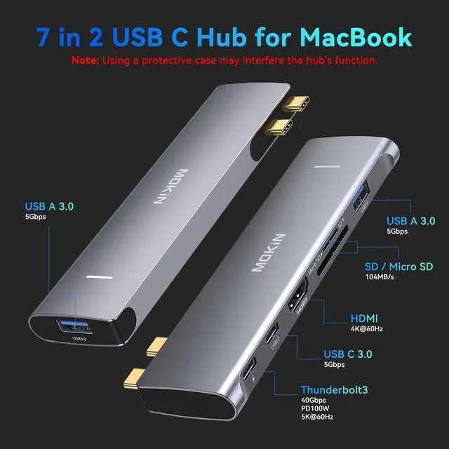 Alt view image 3 of 6 - MOKiN 7 in 2 USB C Multiport Adapte for MacBook with 1x4K@60Hz HDMI,1xPD 100W Thunderbolt3,2xUSB A 3.0,1xUSB-C 3.0,TF/SD,USB C Hub for MacBook Pro/Air M1/M2/M3