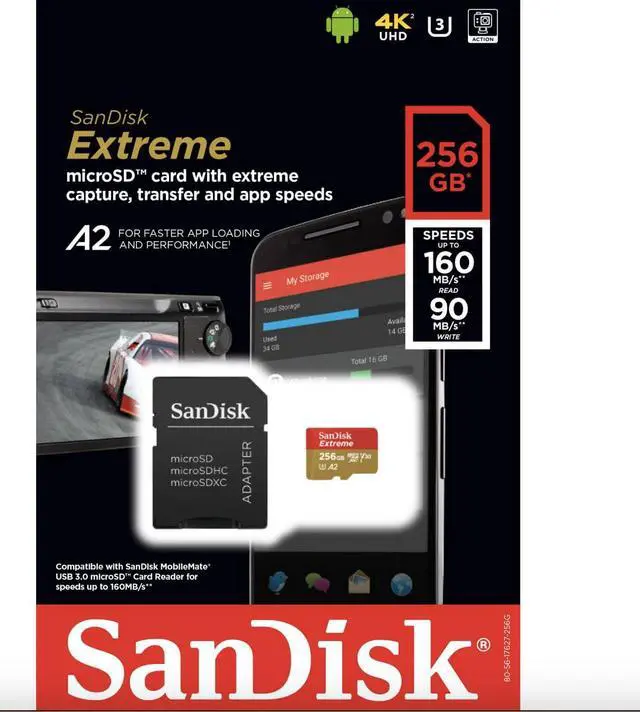 Alt view image 4 of 5 - 256GB SanDisk  Extreme MicroSDHC UHS-I Memory Card With Adapter - 160MB/s, U3, V30, 4K UHD, A2, Micro SD Card - SDSQXA1-256G-GN6MA