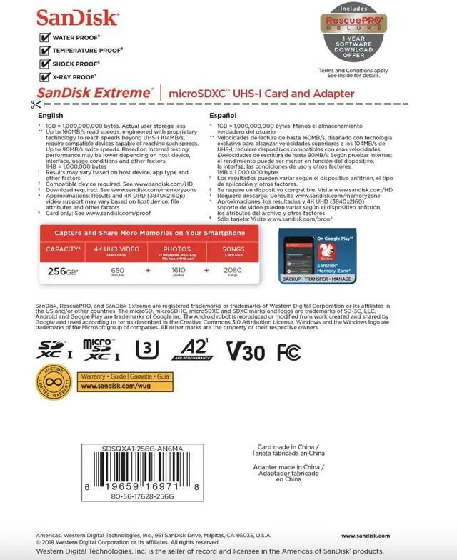 Alt view image 5 of 5 - 256GB SanDisk  Extreme MicroSDHC UHS-I Memory Card With Adapter - 160MB/s, U3, V30, 4K UHD, A2, Micro SD Card - SDSQXA1-256G-GN6MA
