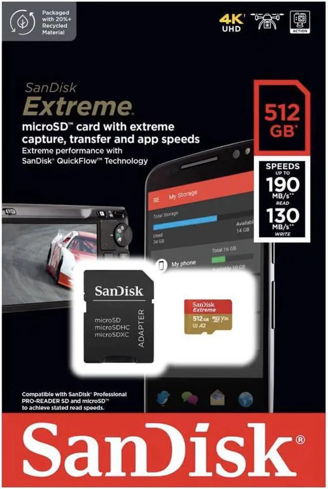 Alt view image 5 of 5 - 512GB SanDisk  Extreme MicroSDHC UHS-I Memory Card With Adapter - 190MB/s, U3, V30, 4K UHD, A2, Micro SD Card - SDSQXAV-512G-GN6MA 512GB