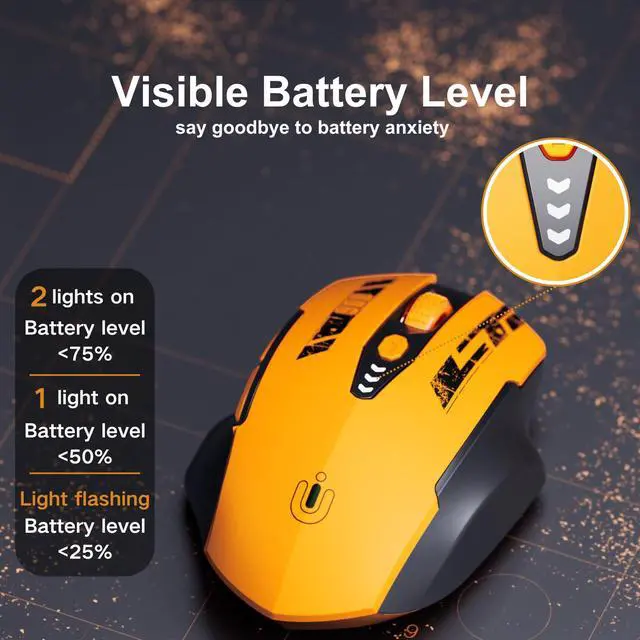 Alt view image 3 of 5 - Uineer Rechargeable Wireless Mouse,[Upgraded] 2.4GHz Wireless Mouse(Battery Level Visible) Ergonomic Computer Mouse,4 Levels DPI, Wireless Mouse for Laptop PC Computer,Yellow