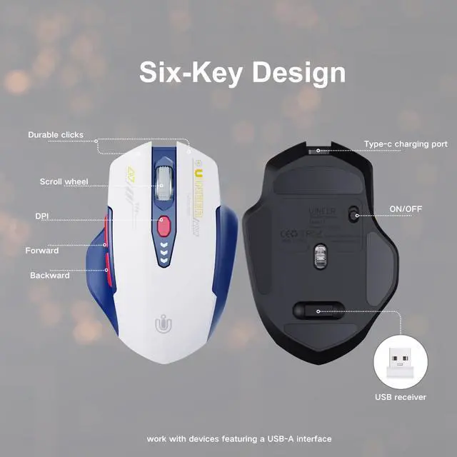 Alt view image 6 of 7 - Uineer Rechargeable Wireless Mouse,[Upgraded] 2.4GHz Wireless Mouse(Battery Level Visible) Ergonomic Computer Mouse,4 Levels DPI, Wireless Mouse for Laptop PC Computer,Blue/white
