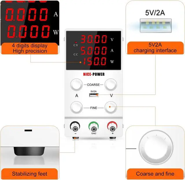 Alt view image 3 of 7 - DC Power Supply Variable 120V 3A, 4 Digital Display Adjustable Regulated Switching DC Lab Bench Power Supply with 5V/2A USB Charging Port