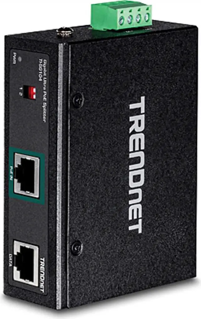 Main image of TRENDnet Industrial Gigabit UPoE Splitter, Dual DC Power Outputs, DIN-Rail or Wall-Mountable, Adjustable Voltage Output, TI-SG104,Black