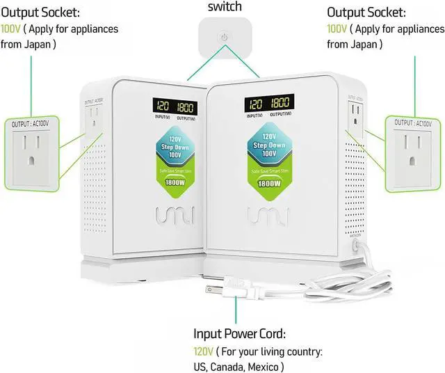 Alt view image 3 of 7 - UMI 1800 Watt Voltage Converter Transformer - Heavy Duty Step Down AC 120V to 100V Power Converter - for Japan Appliances Use in US Canada Mexico  CE Certified [3-Year Warranty]