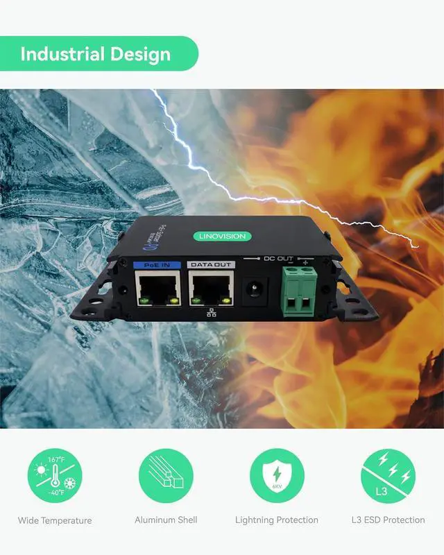Alt view image 6 of 7 - Industrial Gigabit POE+ Splitter with DC12V/DC24V/ POE 24V Output, Wide Voltage Input, IEEE802.3af/at POE to DC Power Supply for Security Cameras, Access Control Systems