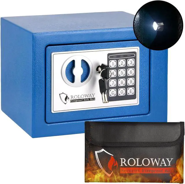 Main image of ROLOWAY Steel Money Safe Box for Home with Fireproof Money Bag for Cash Safe, Security Safe Box for Money Safe with Keys, Lock Box Fireproof Safe with Keypad Lock (Blue)
