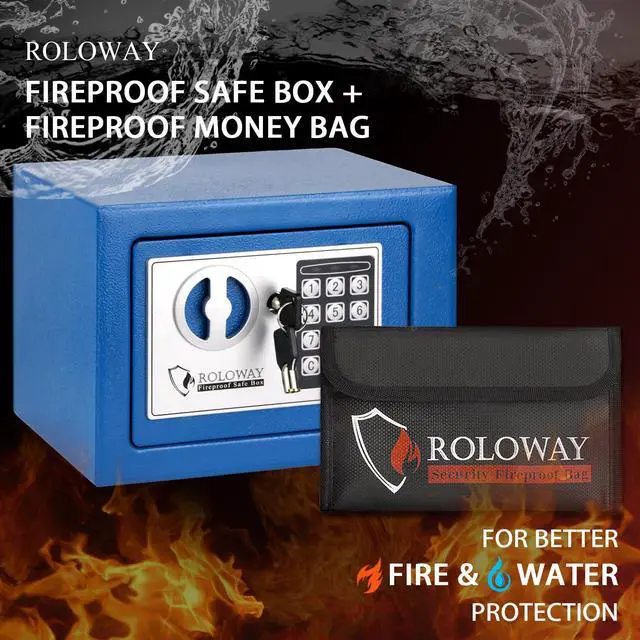 Alt view image 2 of 6 - ROLOWAY Steel Money Safe Box for Home with Fireproof Money Bag for Cash Safe, Security Safe Box for Money Safe with Keys, Lock Box Fireproof Safe with Keypad Lock (Blue)