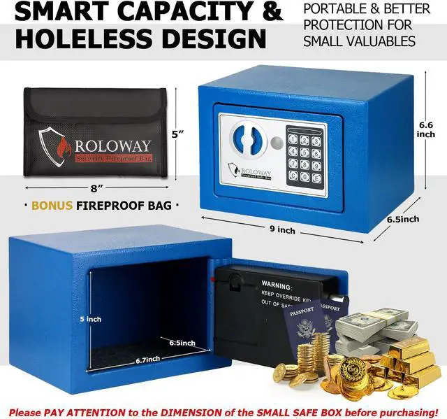 Alt view image 3 of 6 - ROLOWAY Steel Money Safe Box for Home with Fireproof Money Bag for Cash Safe, Security Safe Box for Money Safe with Keys, Lock Box Fireproof Safe with Keypad Lock (Blue)