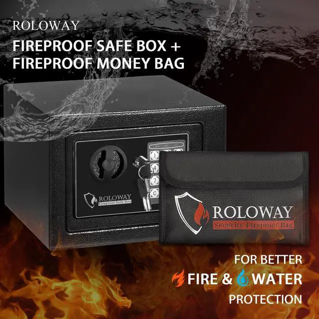 Alt view image 2 of 6 - ROLOWAY Steel Money Safe Box for Home with Fireproof Money Bag for Cash Safe Hidden, Security Safe Box for Money Safe with Keys, Lock Box Fireproof Safe with Keypad (Black)