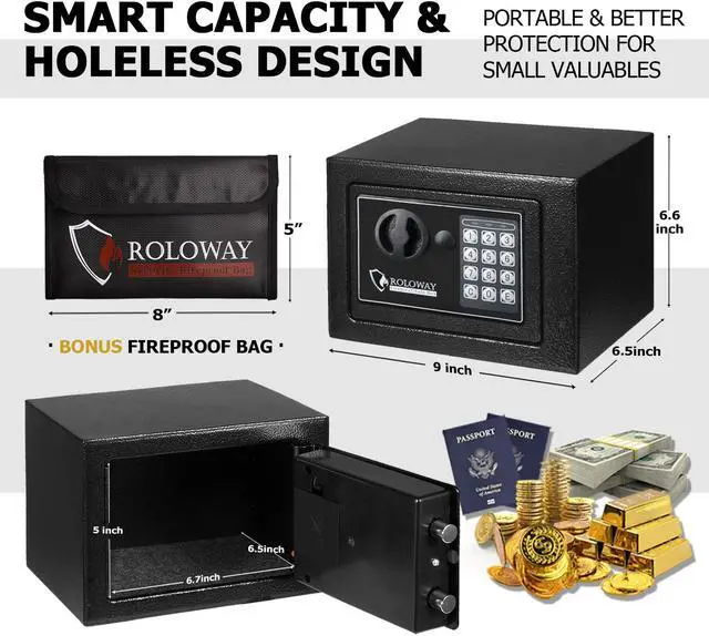 Alt view image 3 of 6 - ROLOWAY Steel Money Safe Box for Home with Fireproof Money Bag for Cash Safe Hidden, Security Safe Box for Money Safe with Keys, Lock Box Fireproof Safe with Keypad (Black)