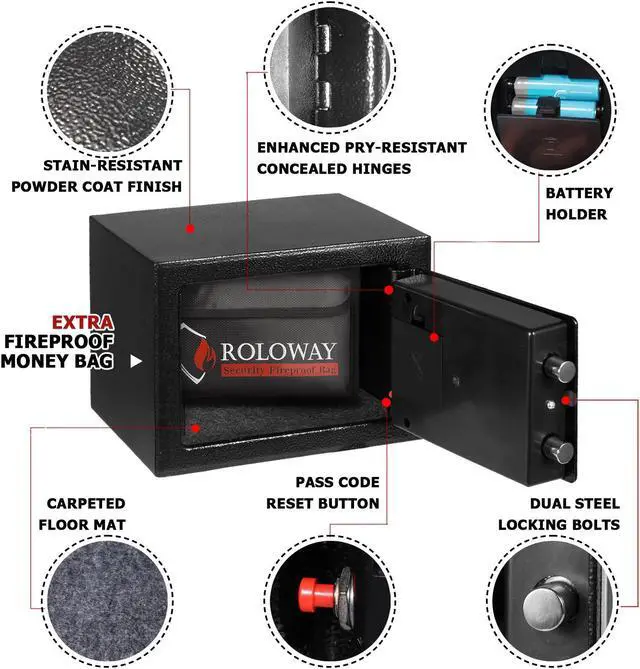 Alt view image 4 of 6 - ROLOWAY Steel Money Safe Box for Home with Fireproof Money Bag for Cash Safe Hidden, Security Safe Box for Money Safe with Keys, Lock Box Fireproof Safe with Keypad (Black)