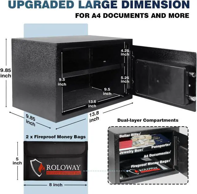 Alt view image 3 of 5 - ROLOWAY Steel Safe Box (0.8 Cubic Feet), Money Safe for Home Safe, Lock Box with Fireproof Bag for Cash Safe, Security Safety Box for Document Safe, Fireproof Safe with Key (Silver Digital Keypad)