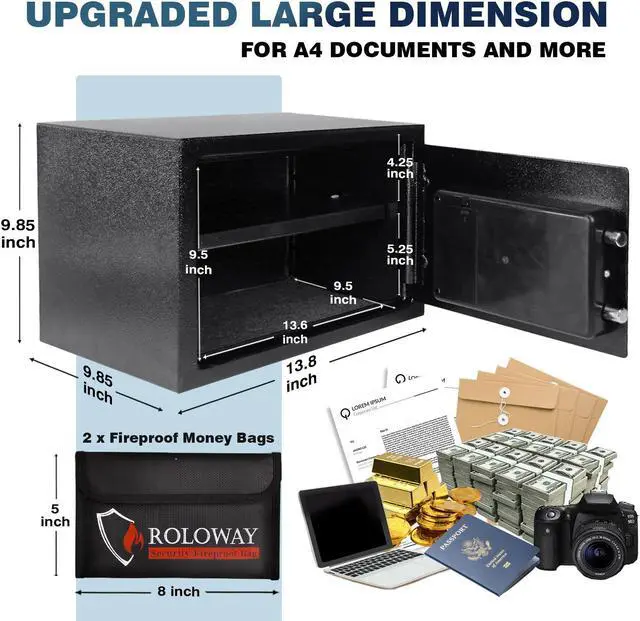 Alt view image 3 of 5 - ROLOWAY Steel Safe Box (0.8 Cubic Feet), Money Safe for Home Safe, Lock Box with Fireproof Bag for Cash Safe, Security Safety Box for Document Safe, Fireproof Safe with Key (Black Digital Keypad)