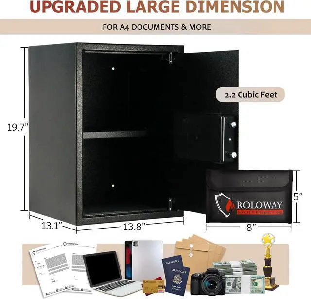 Alt view image 2 of 6 - ROLOWAY Steel Safe Box (2.2 Cubic Feet), Money Safe for Home Safe, Lock Box with Fireproof Bag for Cash Safe, Security Safety Box for Document Safe, Fireproof Safe with Key Digital Keypad Lock Black