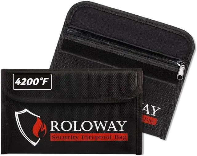 Main image of ROLOWAY Small Fireproof Bag (5 x 8 inches), Non-Itchy Fireproof Money Bag, Fireproof Wallet Bag, Cash Fireproof Bag Set for Valuables - Passport, Currency & Keys (2-Pack Black)