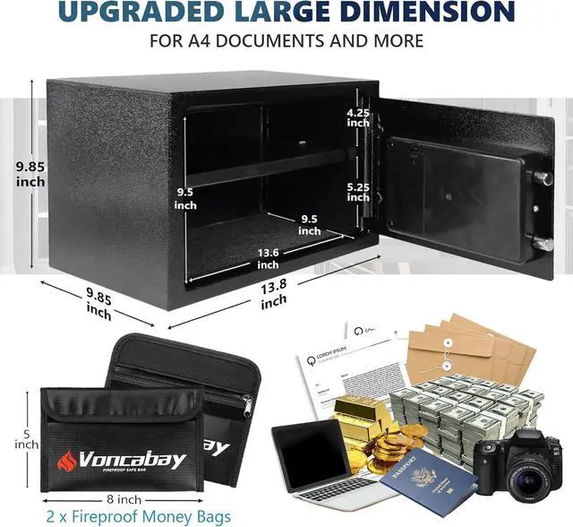 Alt view image 4 of 6 - Voncabay Steel Safe Box (0.8 Cubic Feet), Money Safe for Home Safe, Lock Box with Fireproof Bag for Cash Safe, Security Safety Box for Document Safe, Fireproof Safe with Key (Black Digital Keypad)