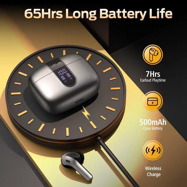 Alt view image 3 of 6 - Bluetooth Headphones True Wireless Earbuds 65H Playback Power Display Earphones with Wireless Charging Case IPX7 Waterproof in-Ear Earbuds with Mic for TV Smart Phone Computer Laptop