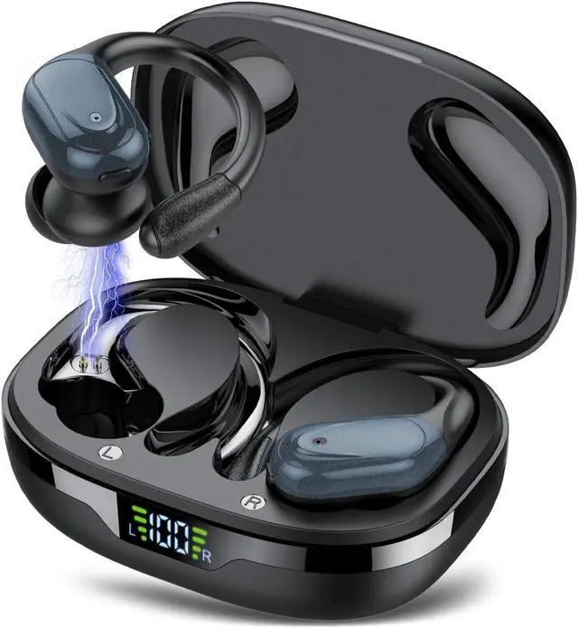 Main image of Bluetooth Headphones Wireless Earbuds 80hrs Playtime Wireless Charging Case Digital Display Sports Ear Buds with Earhook Premium Deep Bass IPX7 Waterproof Over-Ear Earphones for TV Phone Laptop Black