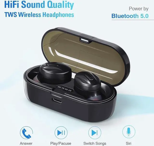 Alt view image 3 of 7 - Wireless Earbuds,True Wireless Bluetooth 5.0 Earbuds Built-in Microphone,IPX5 Waterproof,Stereo Bass Noise Cancelling Earphones Headset with Charging Case