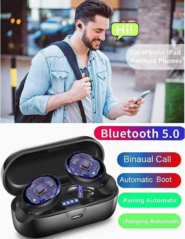 Alt view image 6 of 7 - Wireless Earbuds,True Wireless Bluetooth 5.0 Earbuds Built-in Microphone,IPX5 Waterproof,Stereo Bass Noise Cancelling Earphones Headset with Charging Case