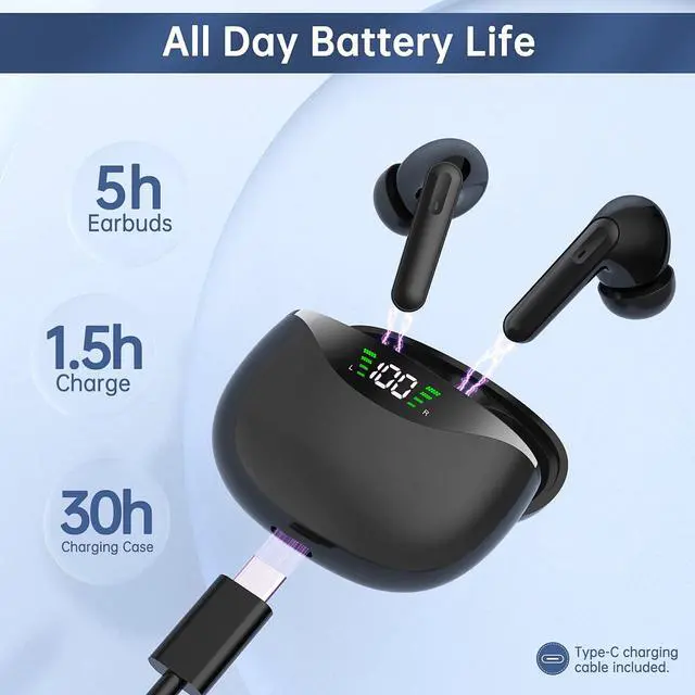 Alt view image 4 of 7 - Wireless Earbuds, Bluetooth 5.1 Headphone 30Hrs Playtime with USB-C Fast Charging Case, IPX7 Waterproof Earphones, TWS in Ear Stereo Headset Built-in Mic for