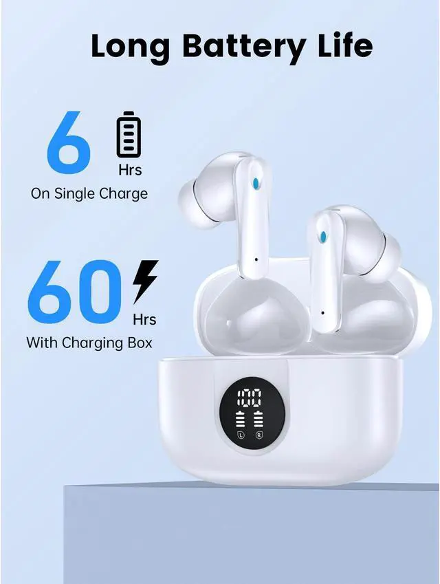 Alt view image 3 of 7 - Wireless earbuds, Bluetooth headset 60 hours of battery life with noise cancellation Clear calls Built-in microphone IPX7 waterproof V5.4 Bluetooth earbuds Stereo earbuds for sports and work