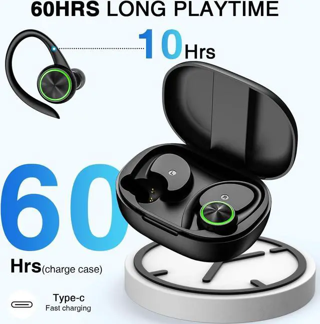 Alt view image 5 of 7 - Wireless Earbuds Bluetooth Headphones 60hrs Play Back Waterproof Sport Earphones with LED Display Over-Ear Buds with Earhooks Charging Case Built-in Mic Headset for Sports Running Workout Gaming