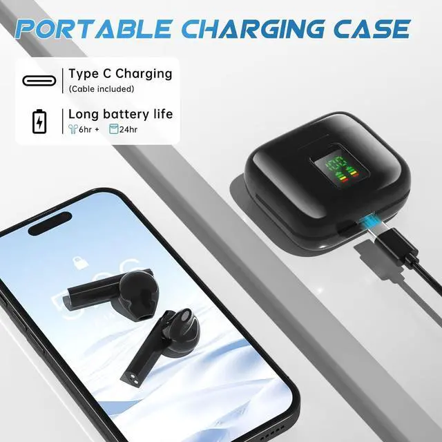 Alt view image 4 of 7 - Bluetooth 5.3 Wireless Earbuds Headphones Noise Cancelling with Built-in Mic and Charging Case Hands-free Calling Sweatproof In-Ear Headset Earphone Earpiece for iPhone/Android Smart Phones,Black