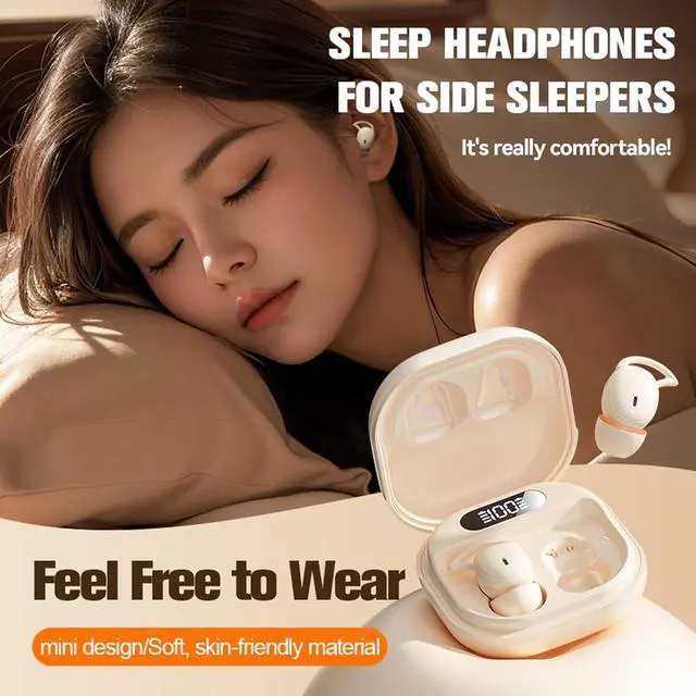 Alt view image 2 of 7 - Wireless Earbuds, 5.4 Bluetooth Earphones with Charging Case & Digital Display, Sleep Earbuds for Side Sleepers, Hapyland Mini Sports Earbuds with Earhooks-Beige