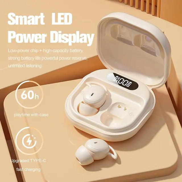 Alt view image 4 of 7 - Wireless Earbuds, 5.4 Bluetooth Earphones with Charging Case & Digital Display, Sleep Earbuds for Side Sleepers, Hapyland Mini Sports Earbuds with Earhooks-Beige