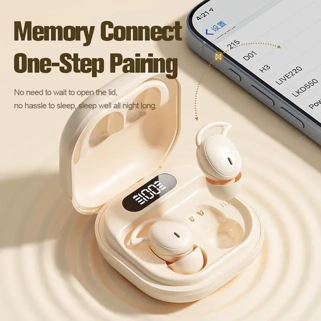 Alt view image 6 of 7 - Wireless Earbuds, 5.4 Bluetooth Earphones with Charging Case & Digital Display, Sleep Earbuds for Side Sleepers, Hapyland Mini Sports Earbuds with Earhooks-Beige