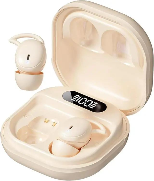 Main image of Wireless Earbuds, 5.4 Bluetooth Earphones with Charging Case & Digital Display, Sleep Earbuds for Side Sleepers, Hapyland Mini Sports Earbuds with Earhooks-Beige