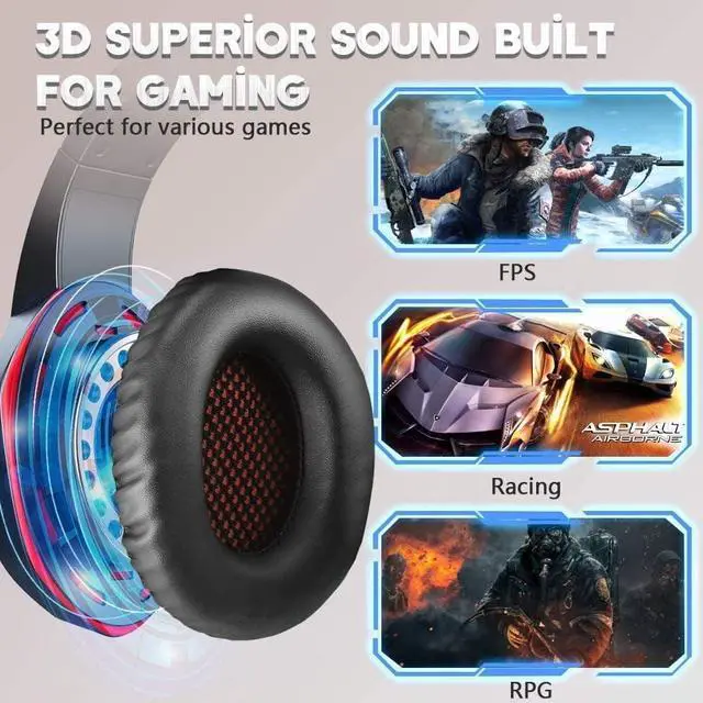 Alt view image 3 of 6 - Gaming Headset, Over-Ear Gaming Headphones with Noise Canceling Mic, Stereo Bass Surround Sound, LED Light, Soft Memory Earmuffs PC/ Laptop/PS4/PS5