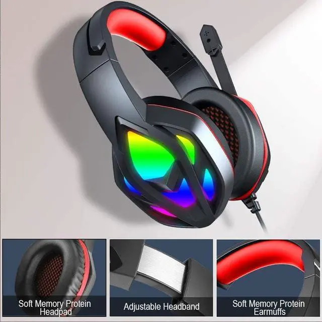 Alt view image 5 of 6 - Gaming Headset, Over-Ear Gaming Headphones with Noise Canceling Mic, Stereo Bass Surround Sound, LED Light, Soft Memory Earmuffs PC/ Laptop/PS4/PS5