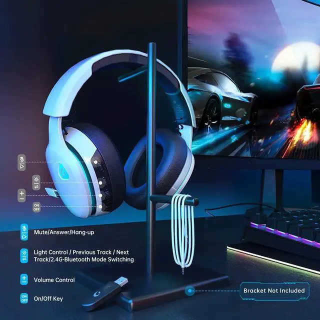 Alt view image 4 of 7 - Wireless Gaming Headset for PS5, PS4, PC, Switch, Mac with Bluetooth 5.2, 2.4GHz USB Gaming Headphones with Detachable Noise Canceling Mic,Stereo Sound,3.5mm Wired Mode for Xbox Series,White