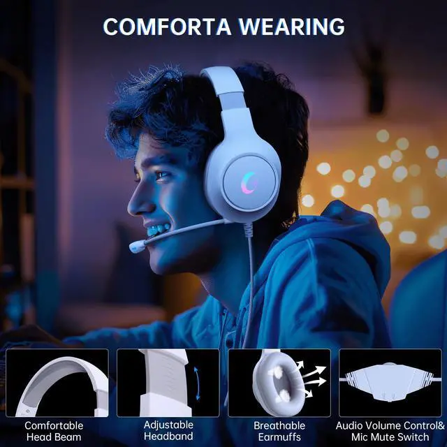 Alt view image 6 of 7 - Gaming Headset for PC, PS5, PS4, Xbox Series X/S, Xbox One, Switch, MAC, Xbox Headset with Noise Canceling Microphone, Wired Over-Ear Gaming Headphones with LED Light&7.1 Surround Sound