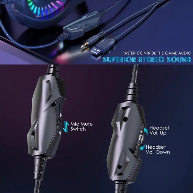 Alt view image 5 of 7 - Gaming Headset with Microphone, Over Ear Gaming Headphones for PS4, PC, Xbox One, PS5 Controller, Noise Cancelling Headphones with 7.1 Stereo Surround Sound, Soft Memory Earmuffs & LED RGB Light