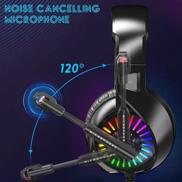 Alt view image 4 of 7 - Gaming Headset with Microphone, Over Ear Gaming Headphones for PS4, PC, Xbox One, PS5 Controller, Noise Cancelling Headphones with 7.1 Stereo Surround Sound, Soft Memory Earmuffs & LED RGB Light