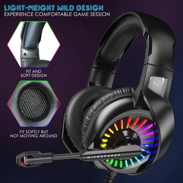 Alt view image 6 of 7 - Gaming Headset with Microphone, Over Ear Gaming Headphones for PS4, PC, Xbox One, PS5 Controller, Noise Cancelling Headphones with 7.1 Stereo Surround Sound, Soft Memory Earmuffs & LED RGB Light