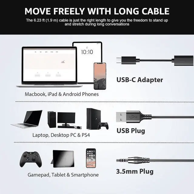 Alt view image 6 of 7 - Wired USB Headset with Microphone for PC,Laptop,3.5mm/USB/Type-C Jack 3-in-1 Computer Headset with Noise Cancelling & Audio Controls,USB Headphones for Call Center,Work,Office,Mono