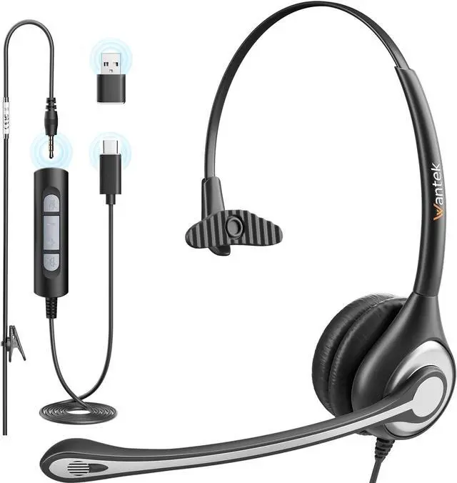 Main image of Wired USB Headset with Microphone for PC,Laptop,3.5mm/USB/Type-C Jack 3-in-1 Computer Headset with Noise Cancelling & Audio Controls,USB Headphones for Call Center,Work,Office,Mono