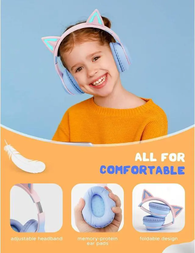 Alt view image 2 of 7 - Cat Ear Kids Bluetooth Headphones for Girls for School, Foldable Wired Gaming Headset with Microphone & 3.5mm Jack, Adjustable Headband Teens Toddlers Wireless Earphones for Tablet/PC Pink