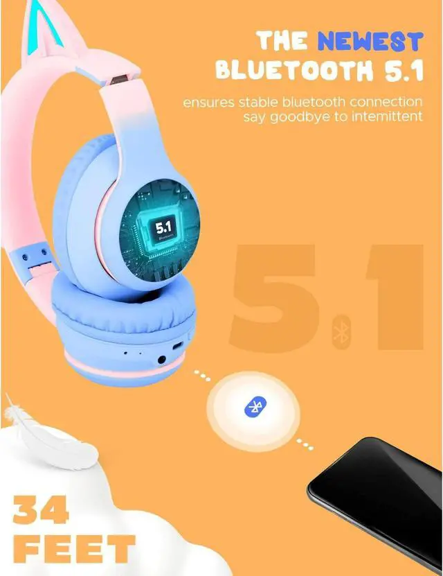 Alt view image 7 of 7 - Cat Ear Kids Bluetooth Headphones for Girls for School, Foldable Wired Gaming Headset with Microphone & 3.5mm Jack, Adjustable Headband Teens Toddlers Wireless Earphones for Tablet/PC Pink