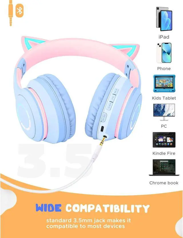 Alt view image 6 of 7 - Cat Ear Kids Bluetooth Headphones for Girls for School, Foldable Wired Gaming Headset with Microphone & 3.5mm Jack, Adjustable Headband Teens Toddlers Wireless Earphones for Tablet/PC Pink