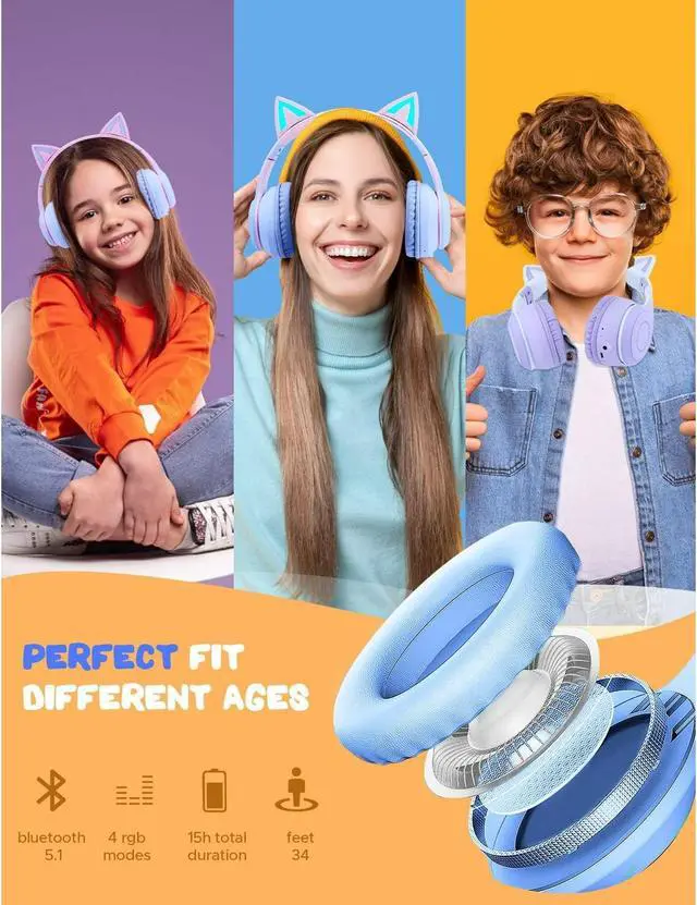 Alt view image 5 of 7 - Cat Ear Kids Bluetooth Headphones for Girls for School, Foldable Wired Gaming Headset with Microphone & 3.5mm Jack, Adjustable Headband Teens Toddlers Wireless Earphones for Tablet/PC Pink