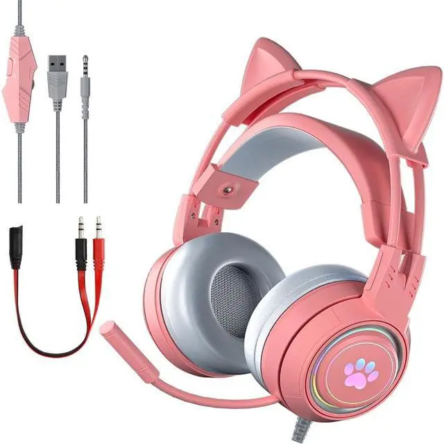 Alt view image 2 of 7 - Gaming Headset with Cat Ears, Pink Headset with Surround Sound, RGB Backlight & Microphone, 3.5mm Cat Headphones with Mic for PS4, Xbox, PC, Mobile Phone