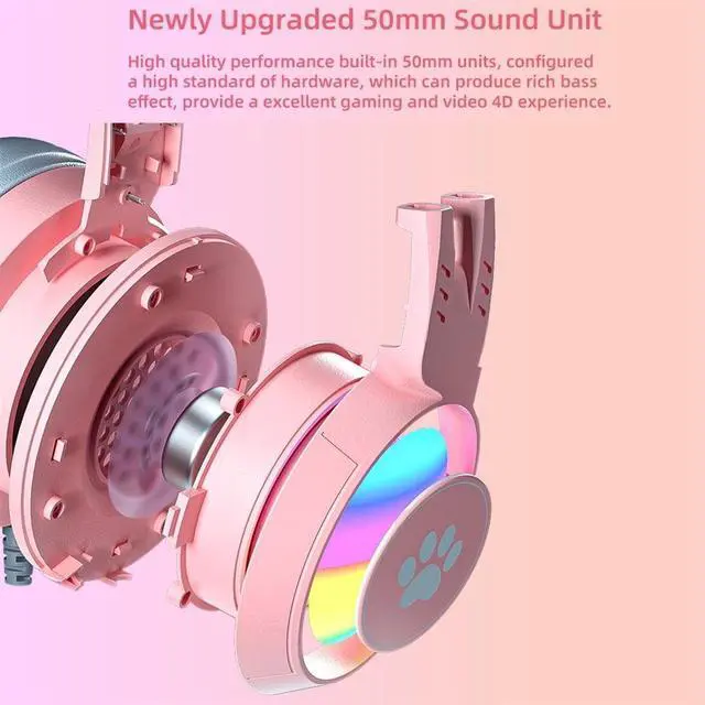Alt view image 3 of 7 - Gaming Headset with Cat Ears, Pink Headset with Surround Sound, RGB Backlight & Microphone, 3.5mm Cat Headphones with Mic for PS4, Xbox, PC, Mobile Phone