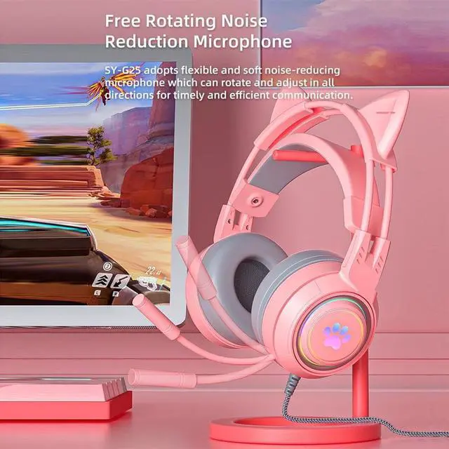 Alt view image 5 of 7 - Gaming Headset with Cat Ears, Pink Headset with Surround Sound, RGB Backlight & Microphone, 3.5mm Cat Headphones with Mic for PS4, Xbox, PC, Mobile Phone