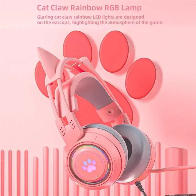 Alt view image 7 of 7 - Gaming Headset with Cat Ears, Pink Headset with Surround Sound, RGB Backlight & Microphone, 3.5mm Cat Headphones with Mic for PS4, Xbox, PC, Mobile Phone